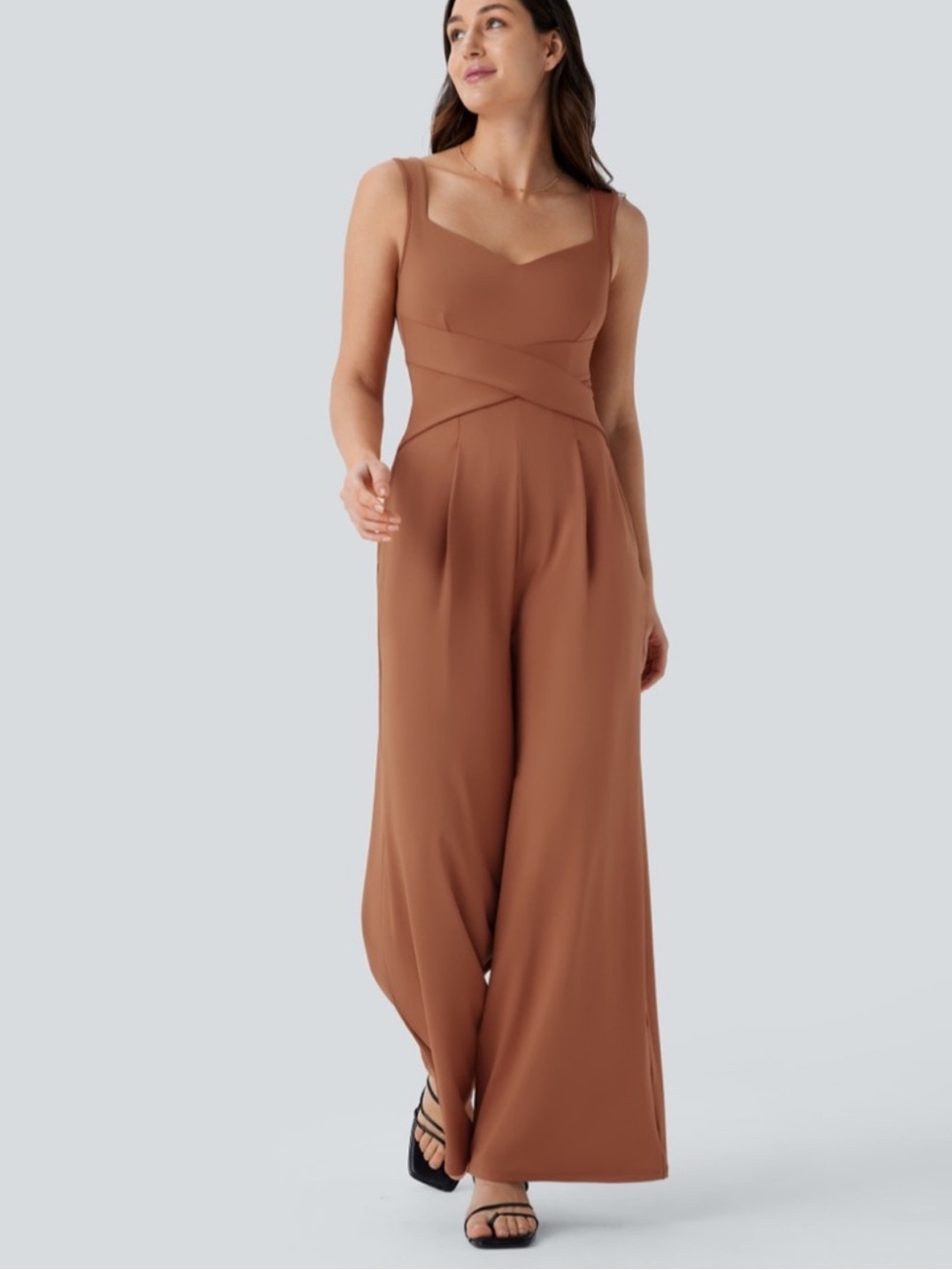 HALARA Brown Wide-Leg Jumpsuit with Crisscross Waist